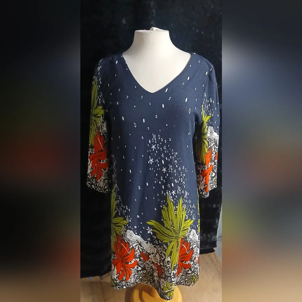 Floral Print Women's A Line Navy Midi Dress Sz Med Large - Picture 2 of 7